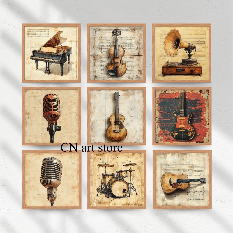 Musical Instrument Images - Retro Antique Music Instruments Guitar Microphone